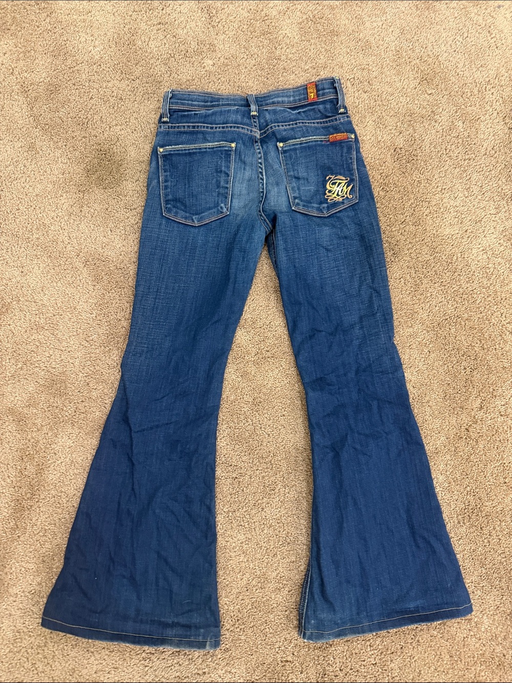 7 For All Mankind Blue Flare Jeans with Embroidered Pocket